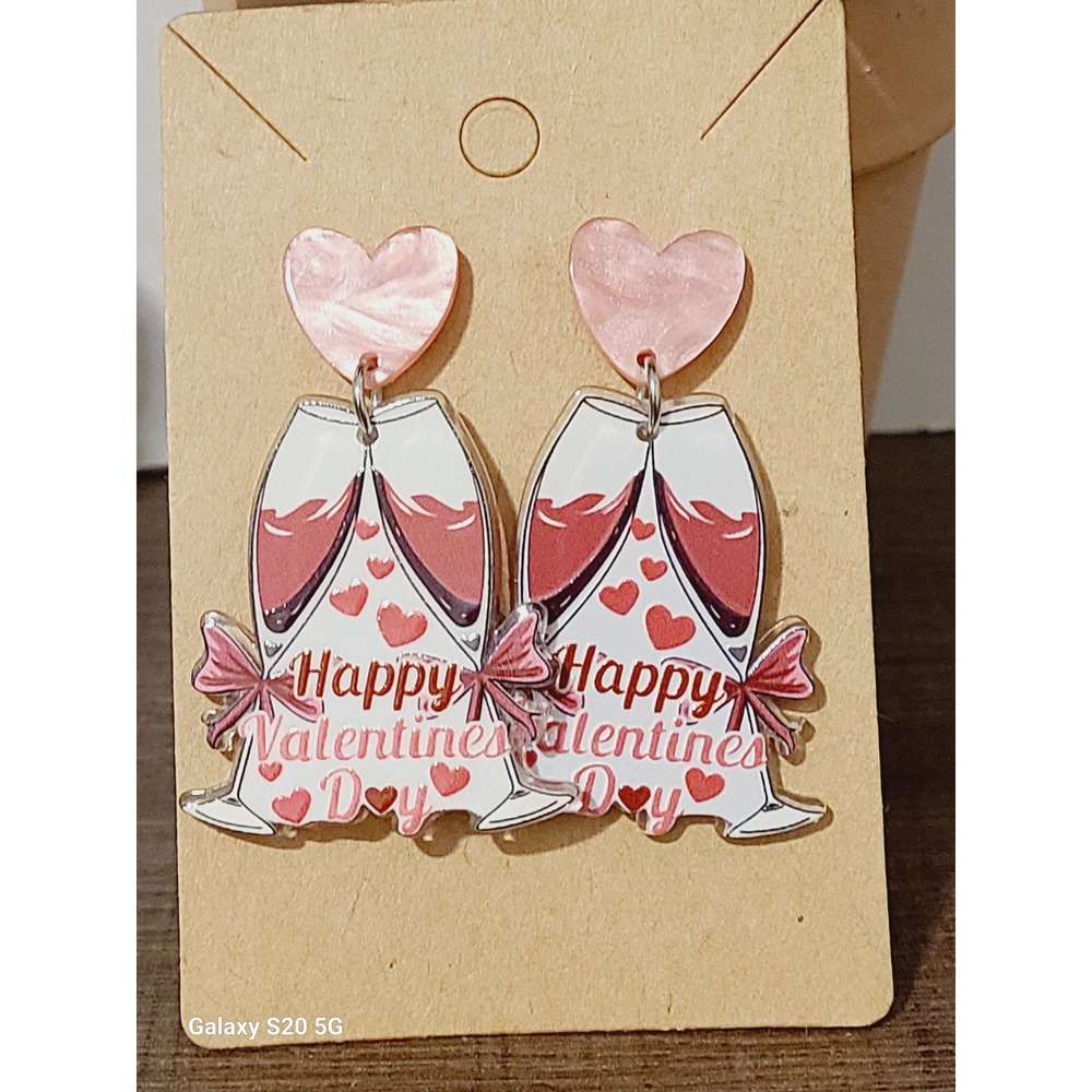 Happy Valentine Day Champagne Glass‎ Heart Dangle Earrings NEW Holiday Women's